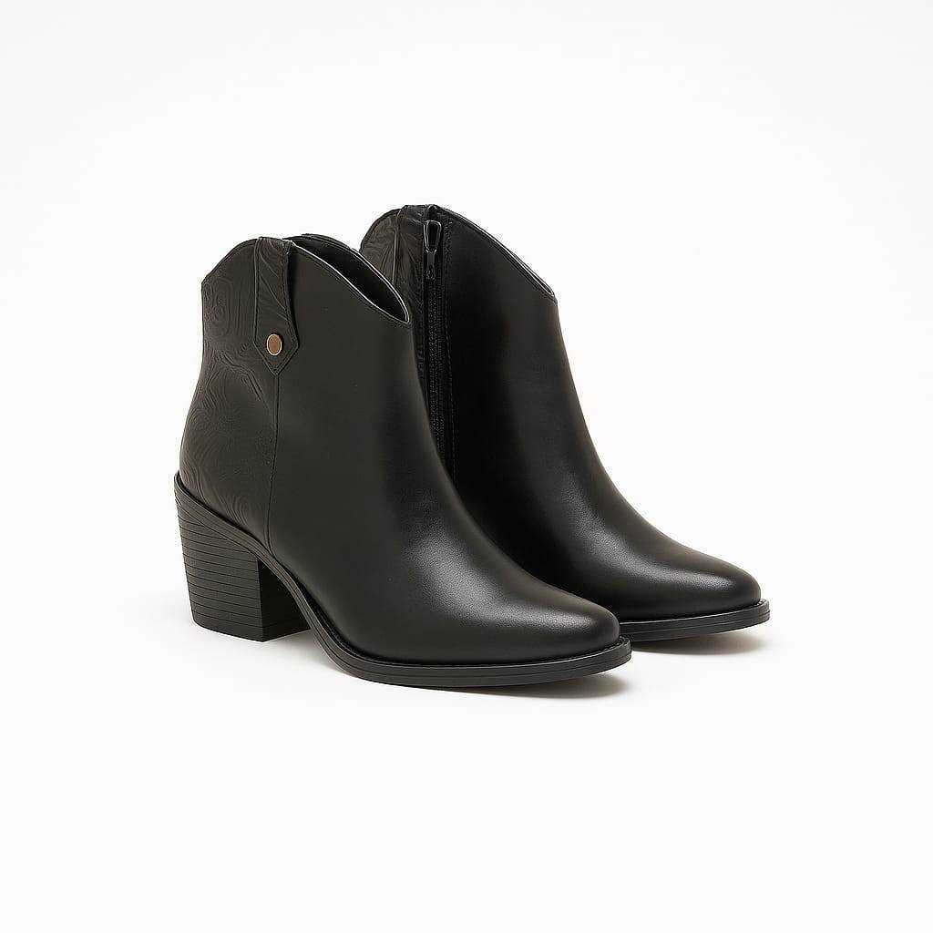 Detalle de botín  tipo vaquera chic para mujer. Color negro costuras decorativas y diseño con estilo propio